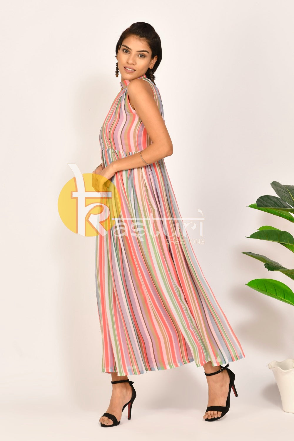 Pink and multicolor stripes pattern georgette dress