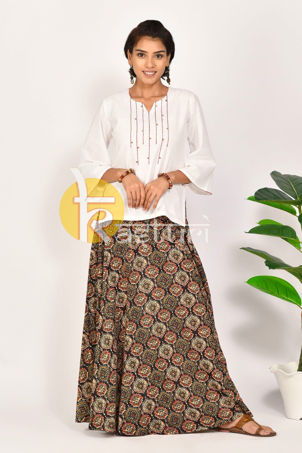 White and black printed cotton top and skirt