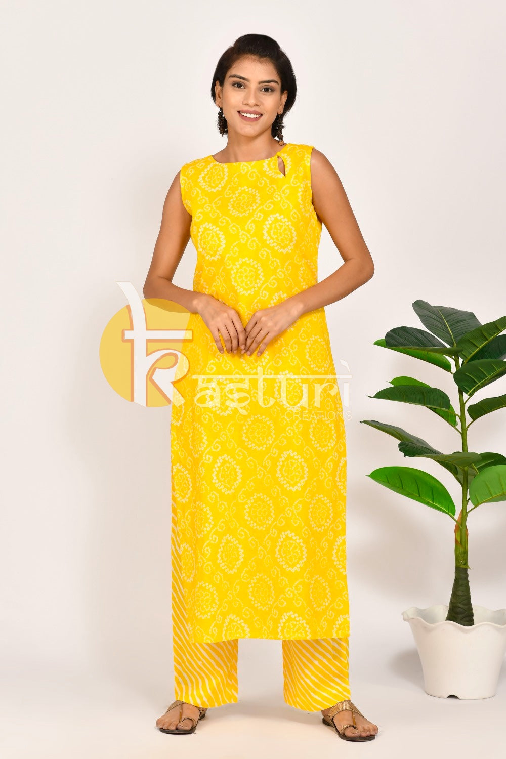 Yellow printed cotton kurta with pant set