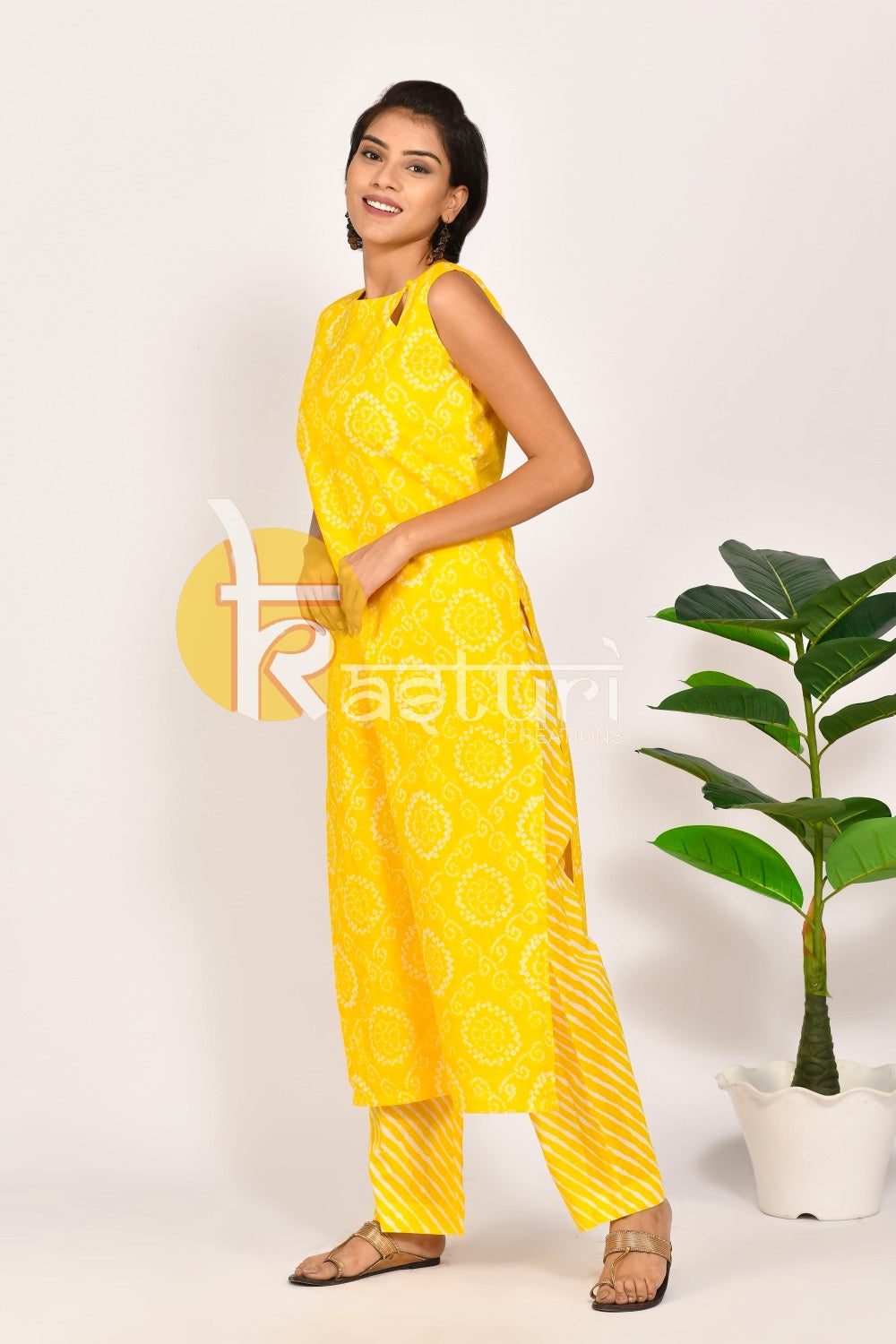 Yellow printed cotton kurta with pant set