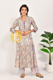 Pink and blue floral print flared cotton kurta with pant set