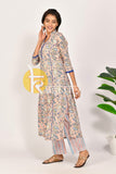 Pink and blue floral print flared cotton kurta with pant set