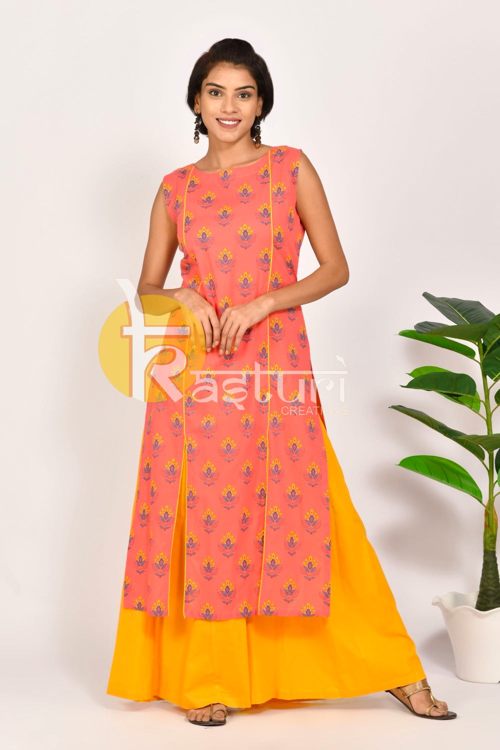Pink and yellow floral print cotton kurta with palazzo set