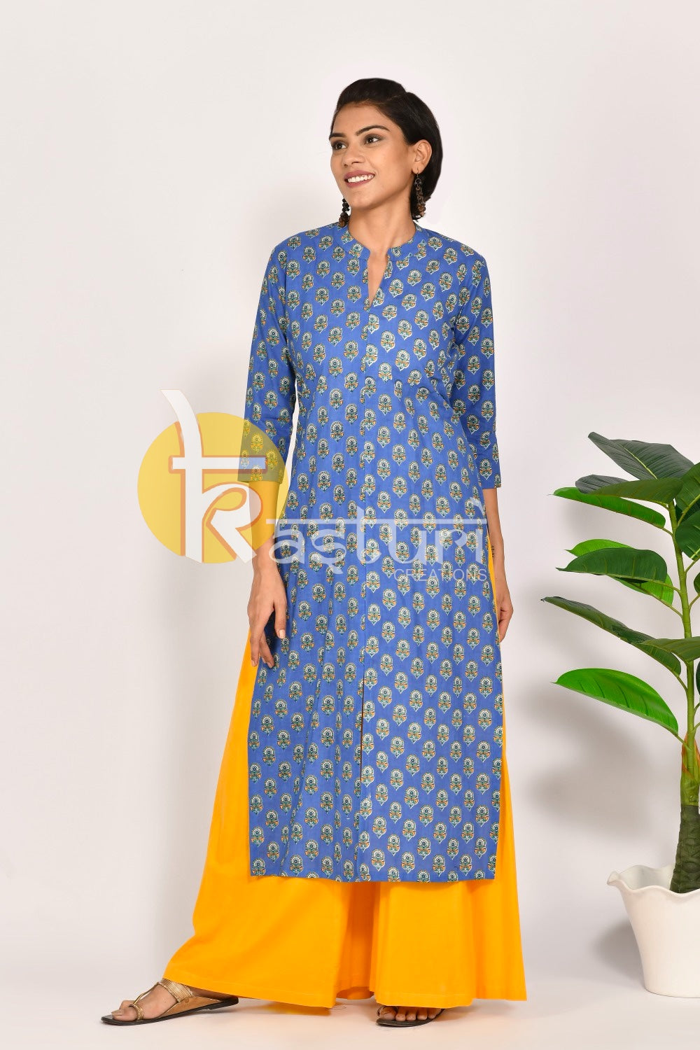 Blue and yellow printed cotton kurta with palazzo set