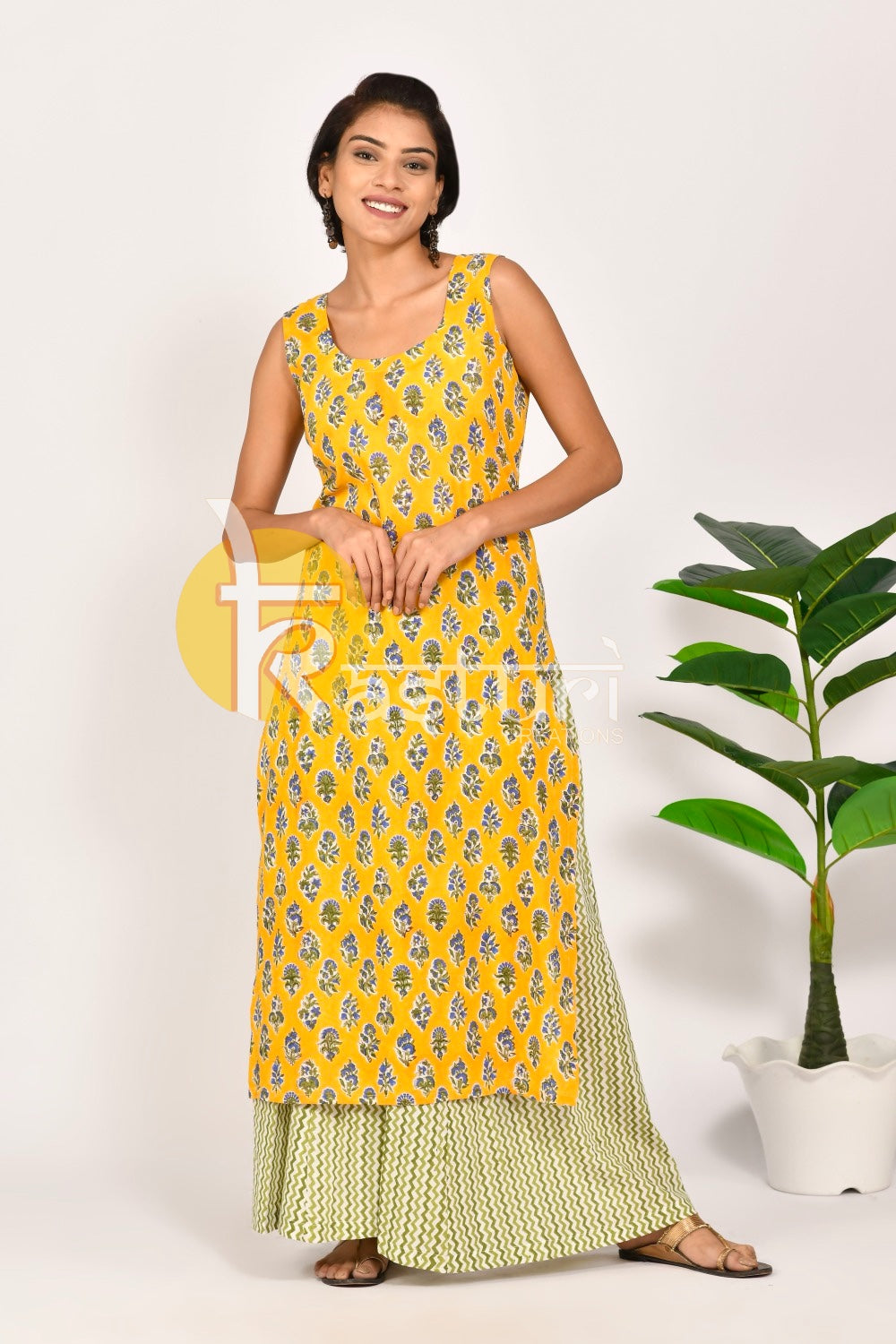 Yellow green printed cotton kurta with palazzo set