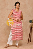 Pink and white floral print cotton kurta with pant set