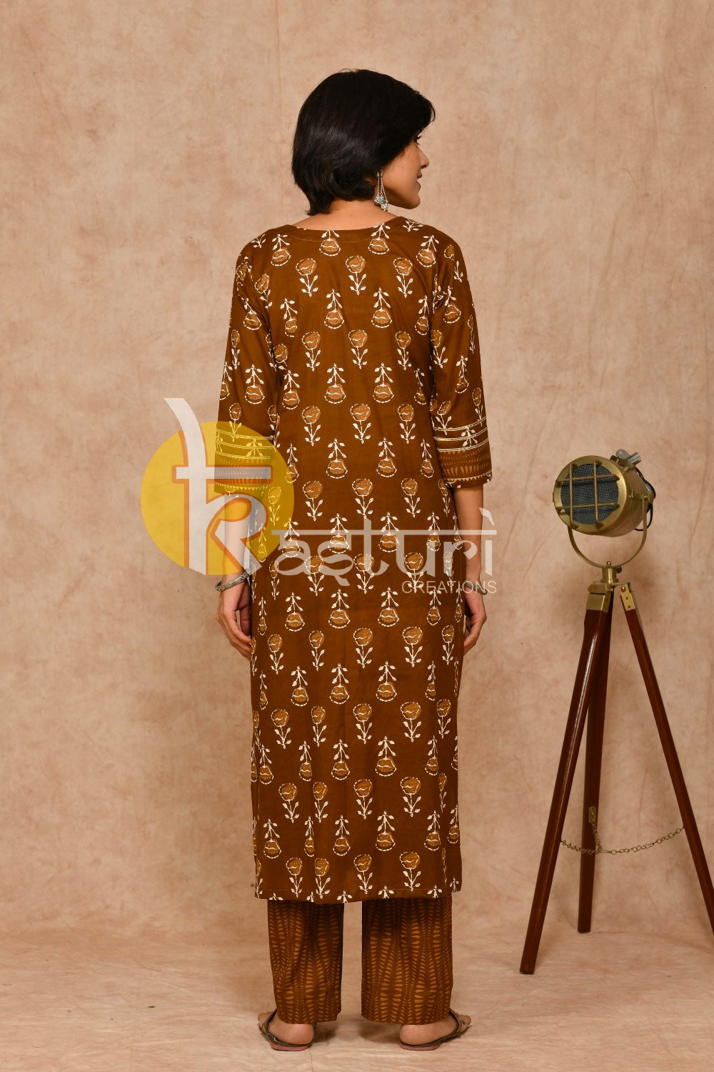 Brown floral print cotton kurta with pant set