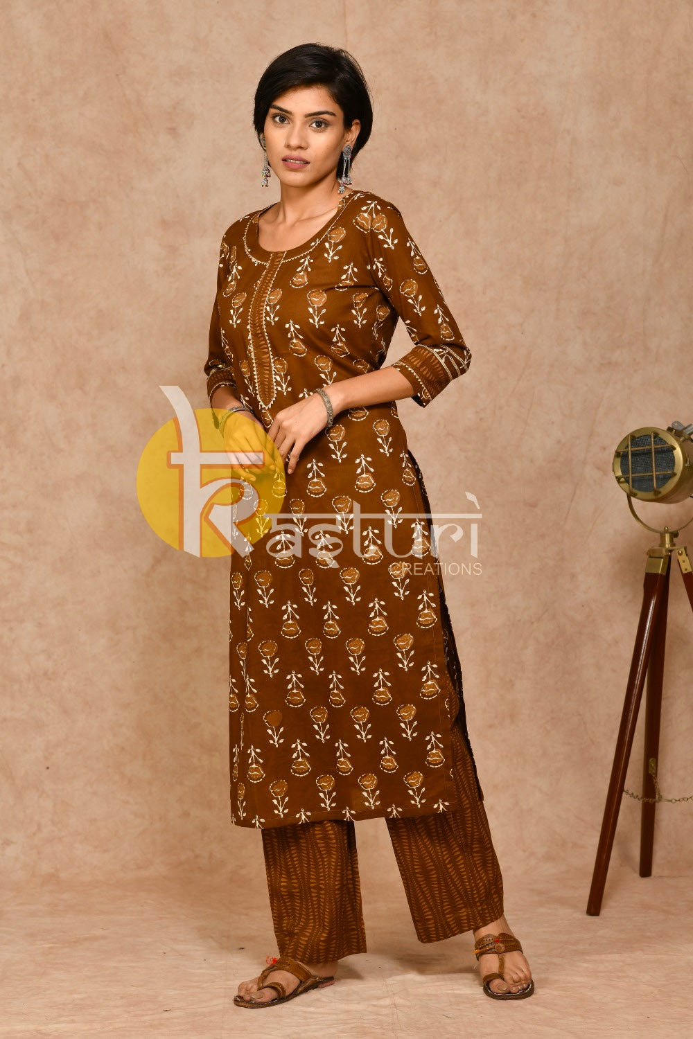 Brown floral print cotton kurta with pant set