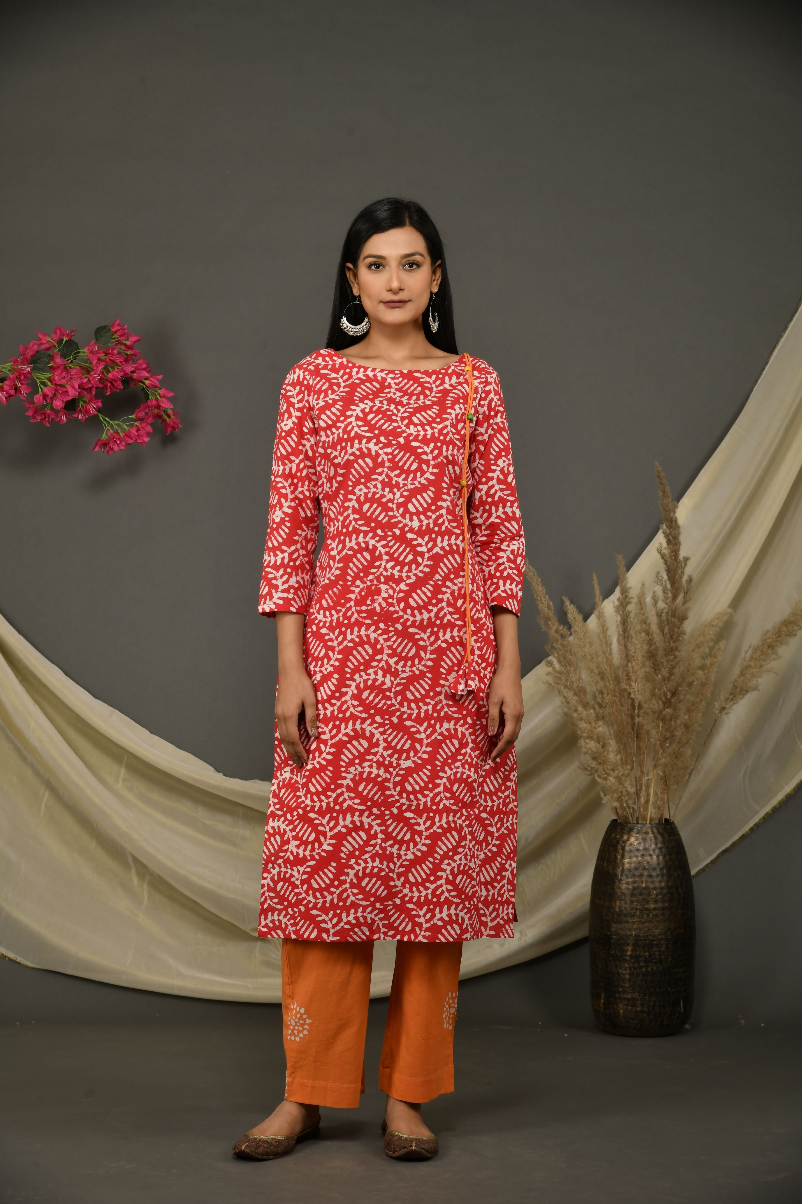 Red cotton jaipuri printed kurta with orange pant and shaded printed dupatta
