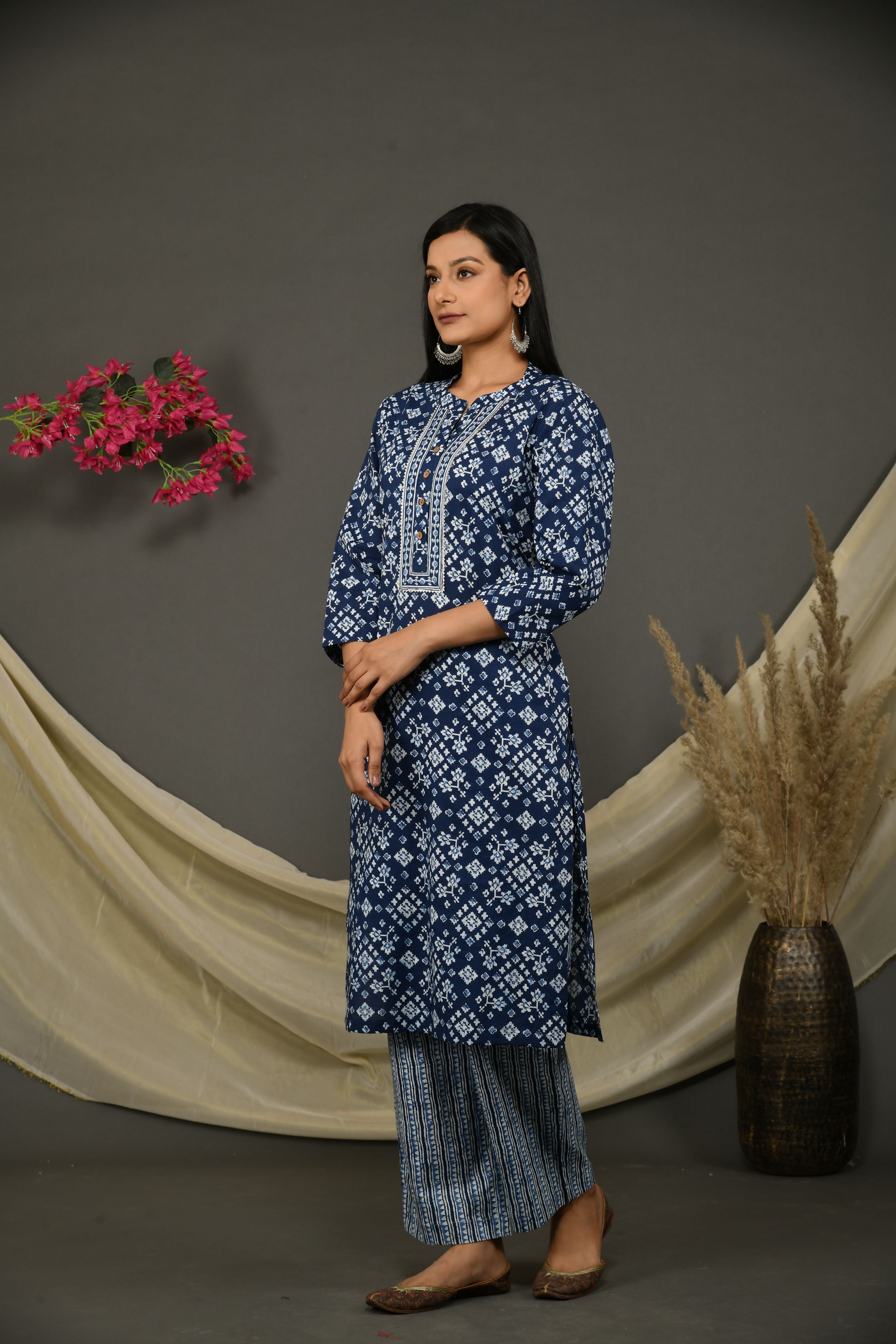Blue cotton jaipuri printed kurta with pant and dupatta