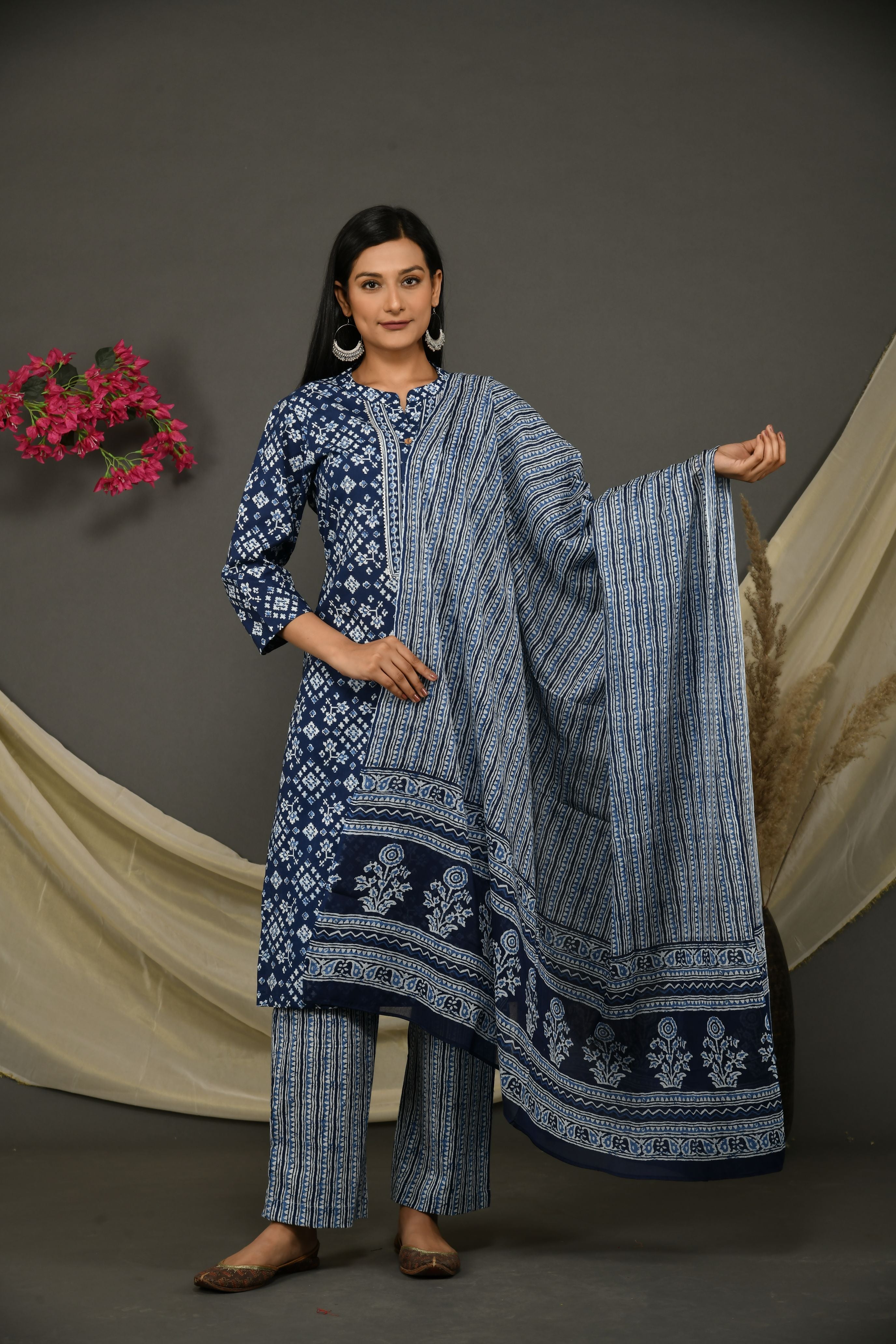 Blue cotton jaipuri printed kurta with pant and dupatta