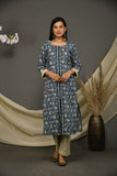 Blue cotton floral jaipuri print kurta pant with printed dupatta