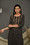 Black cotton jaipuri butti print kurti with zigzag print pant and dupatta.