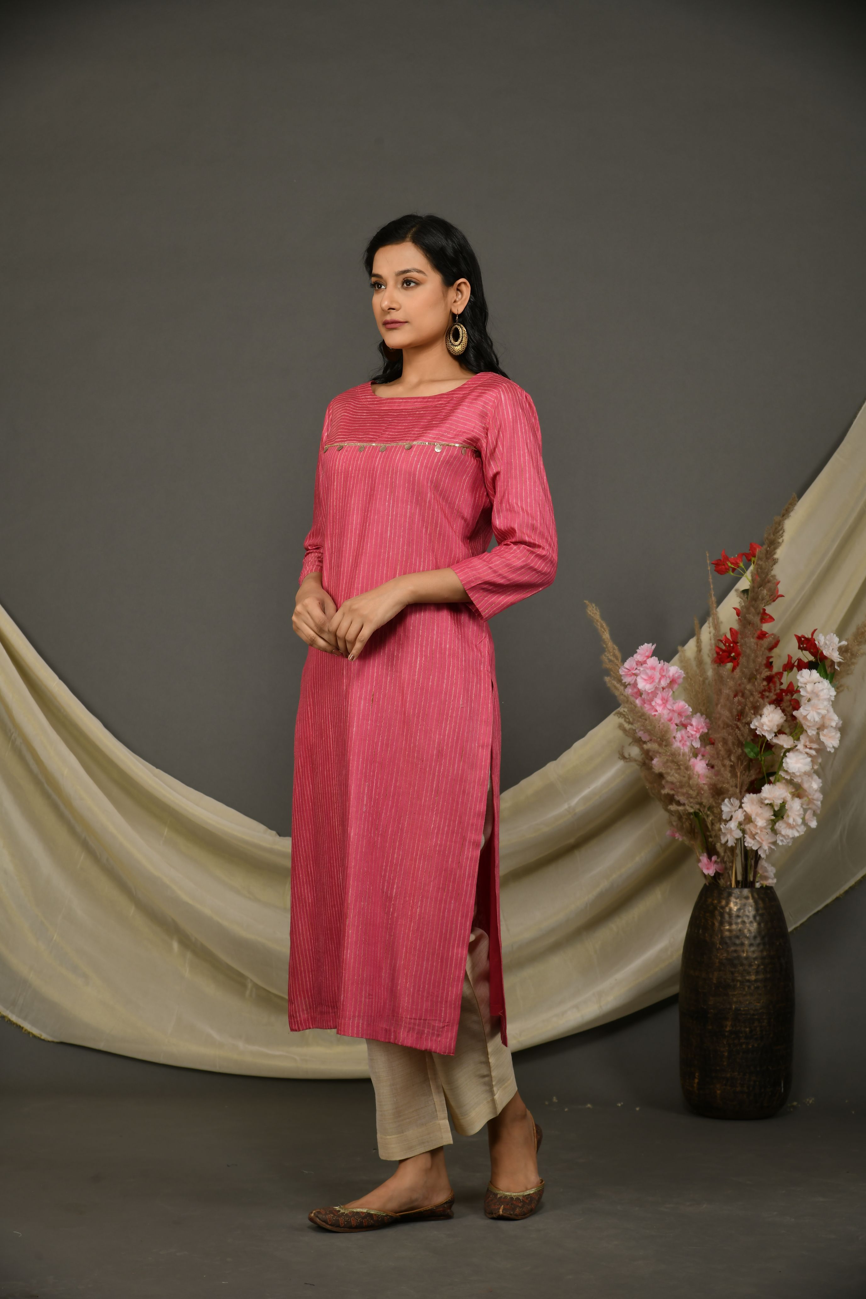 Pink katan silk chanderi kurta pant set with dupatta