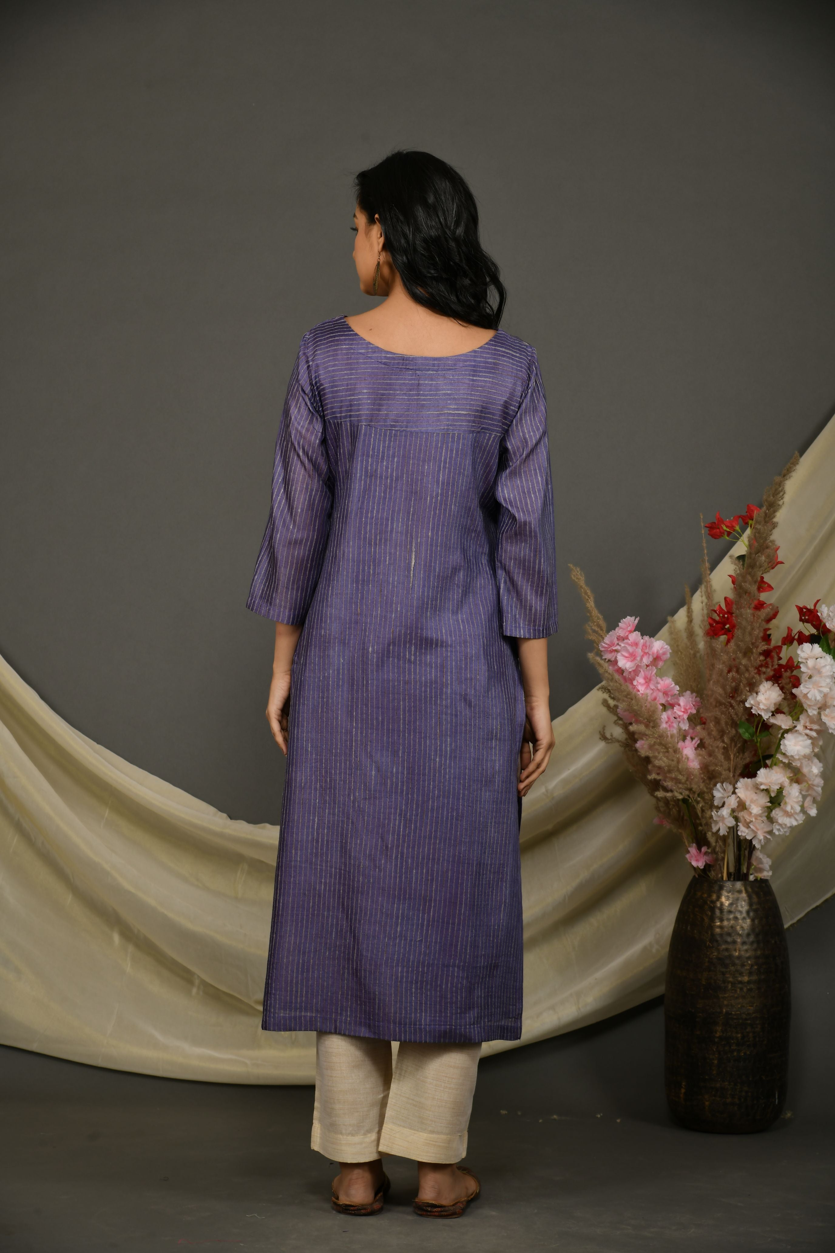 Purple katan silk chanderi kurta pant set with dupatta