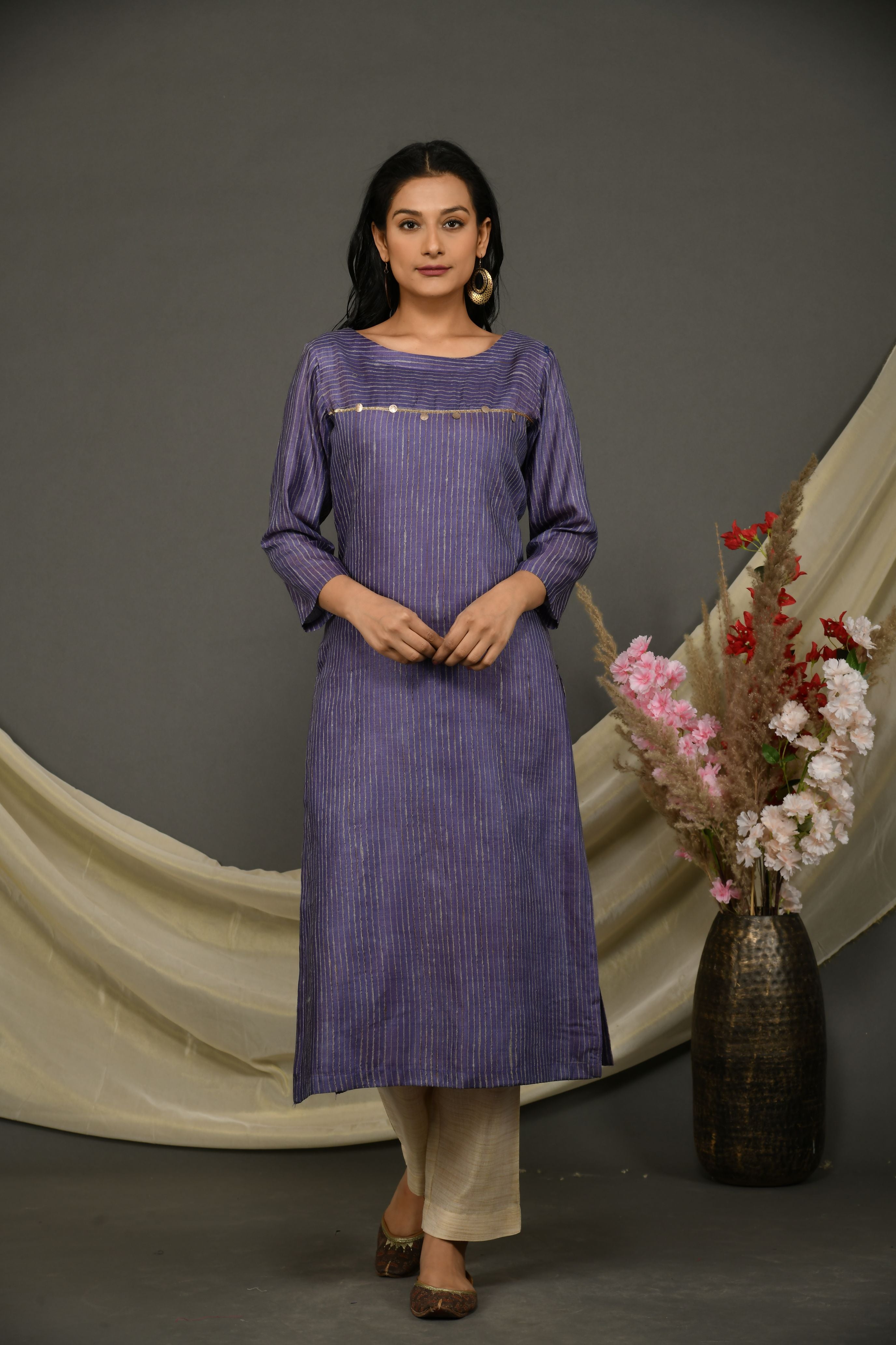Purple katan silk chanderi kurta pant set with dupatta