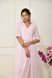 Pink georgette thread embroidered flared top with a front slit and a yoke lining