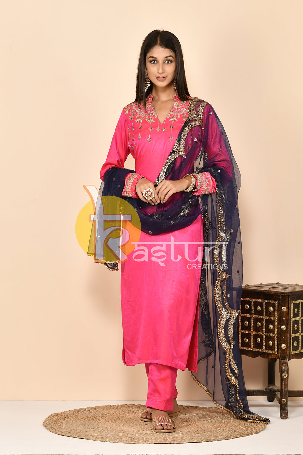 Pink embroiderd silk kurta with pant set