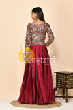 Wine sequence work and embroidered fusion top with skirt set