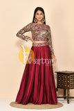 Wine sequence work and embroidered fusion top with skirt set