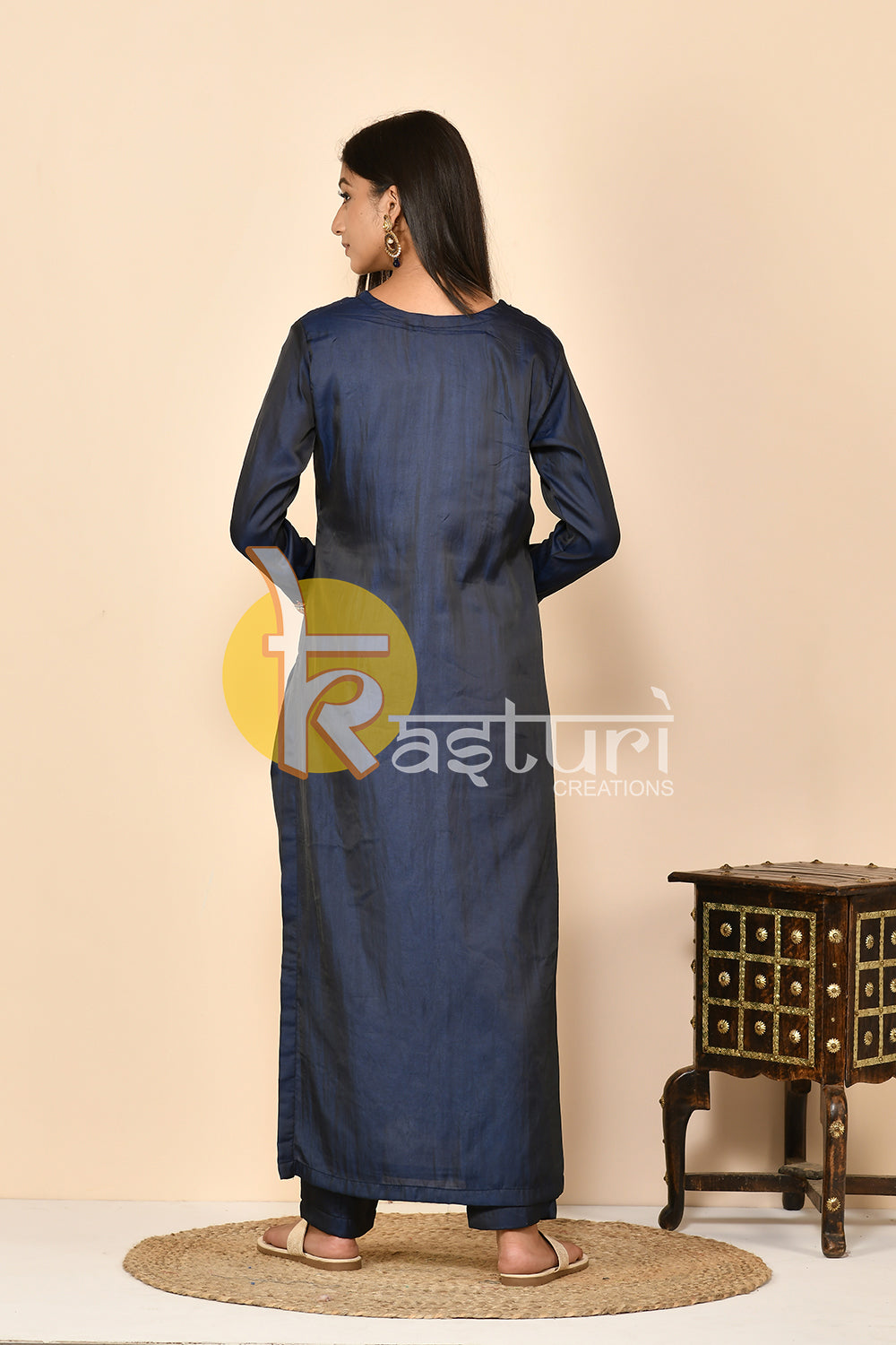 Blue silk long kurta with pant set