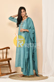 Sky blue embroidered silk long kurta with pant set