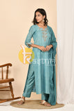 Sky blue embroidered silk long kurta with pant set