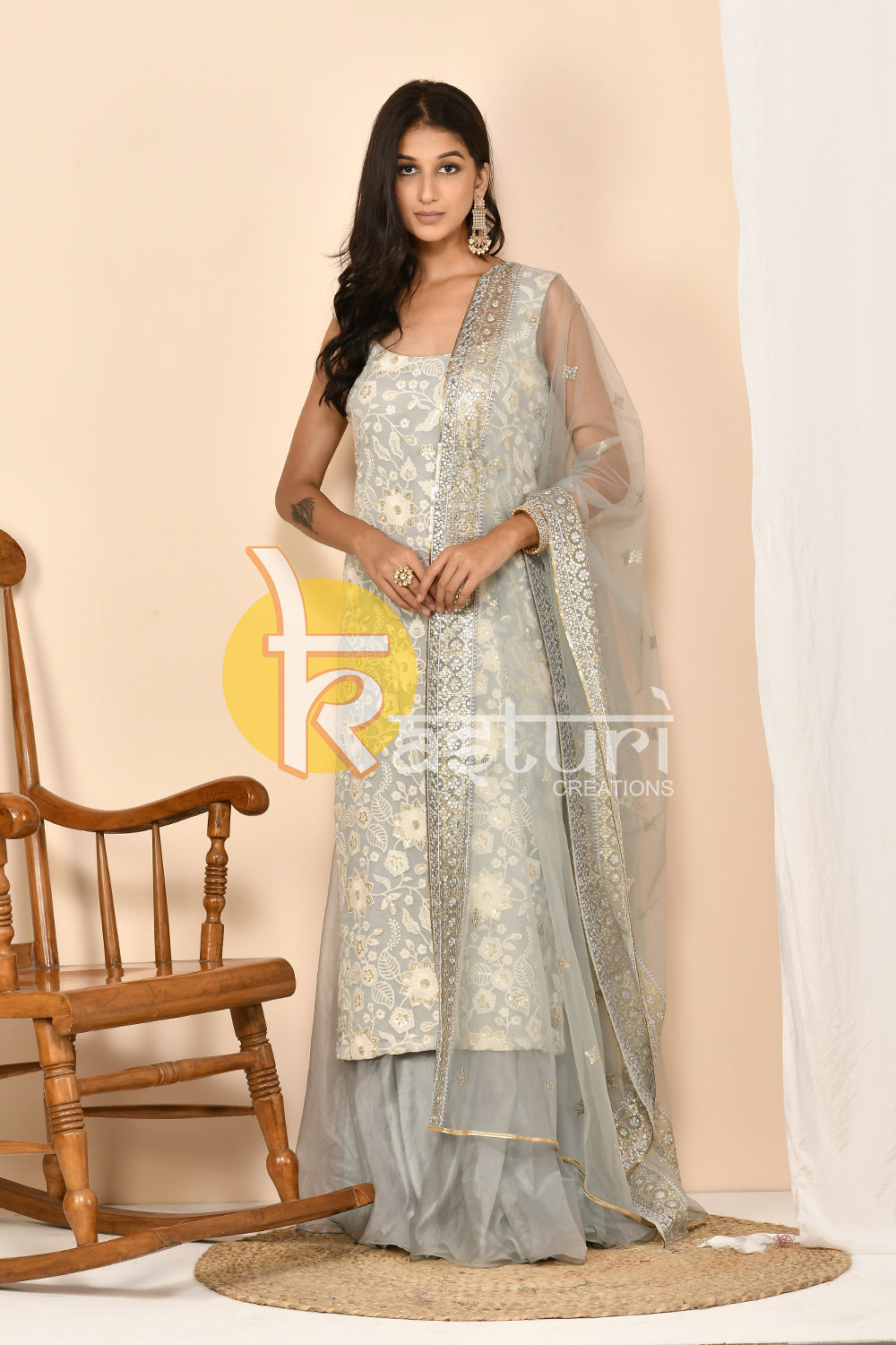 Silver grey heavy embroidered georgette kurta and palazzo set