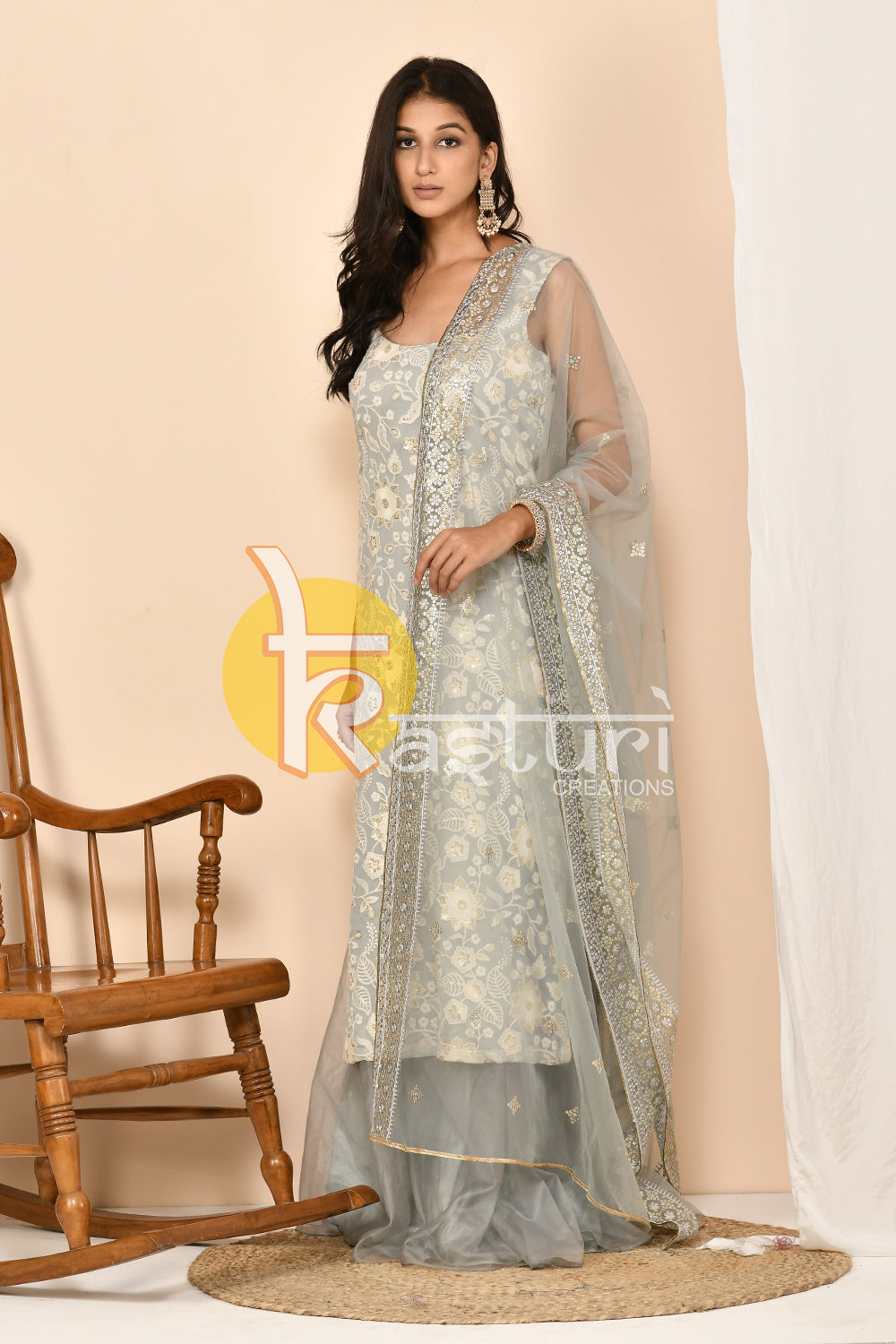 Silver grey heavy embroidered georgette kurta and palazzo set