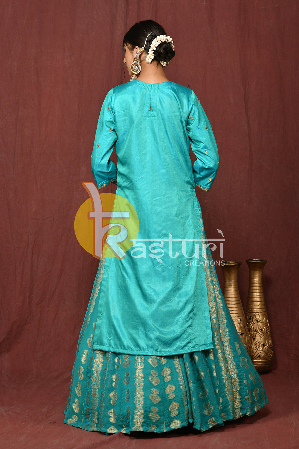 Blue embroidered silk kurta with lehenga skirt