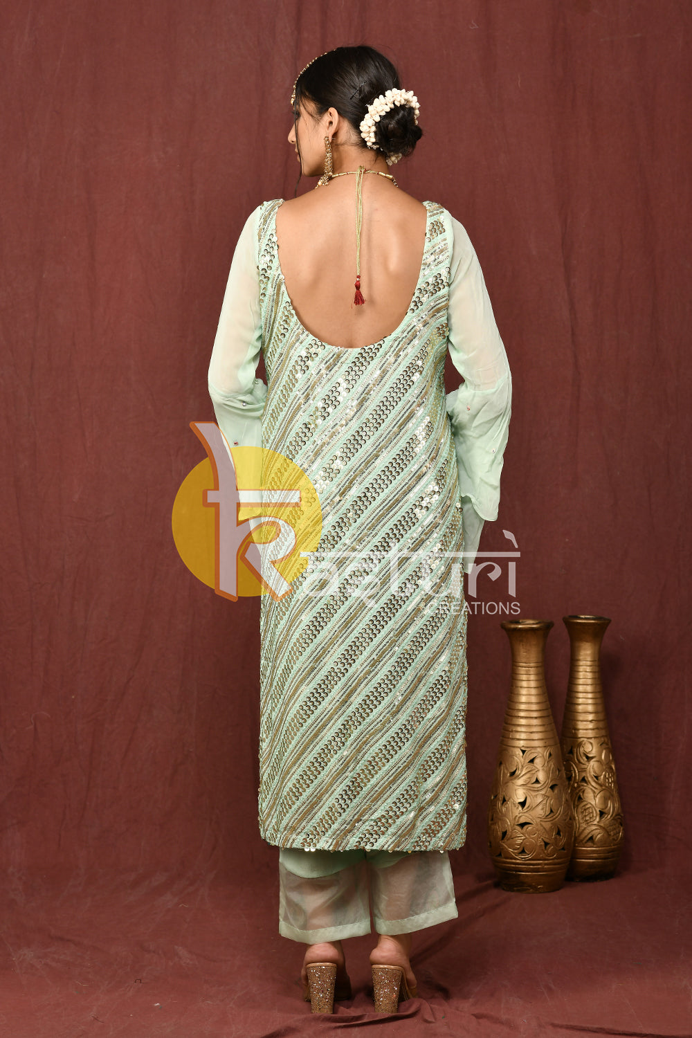 Light sea green sequence embroidered kurti and pant set