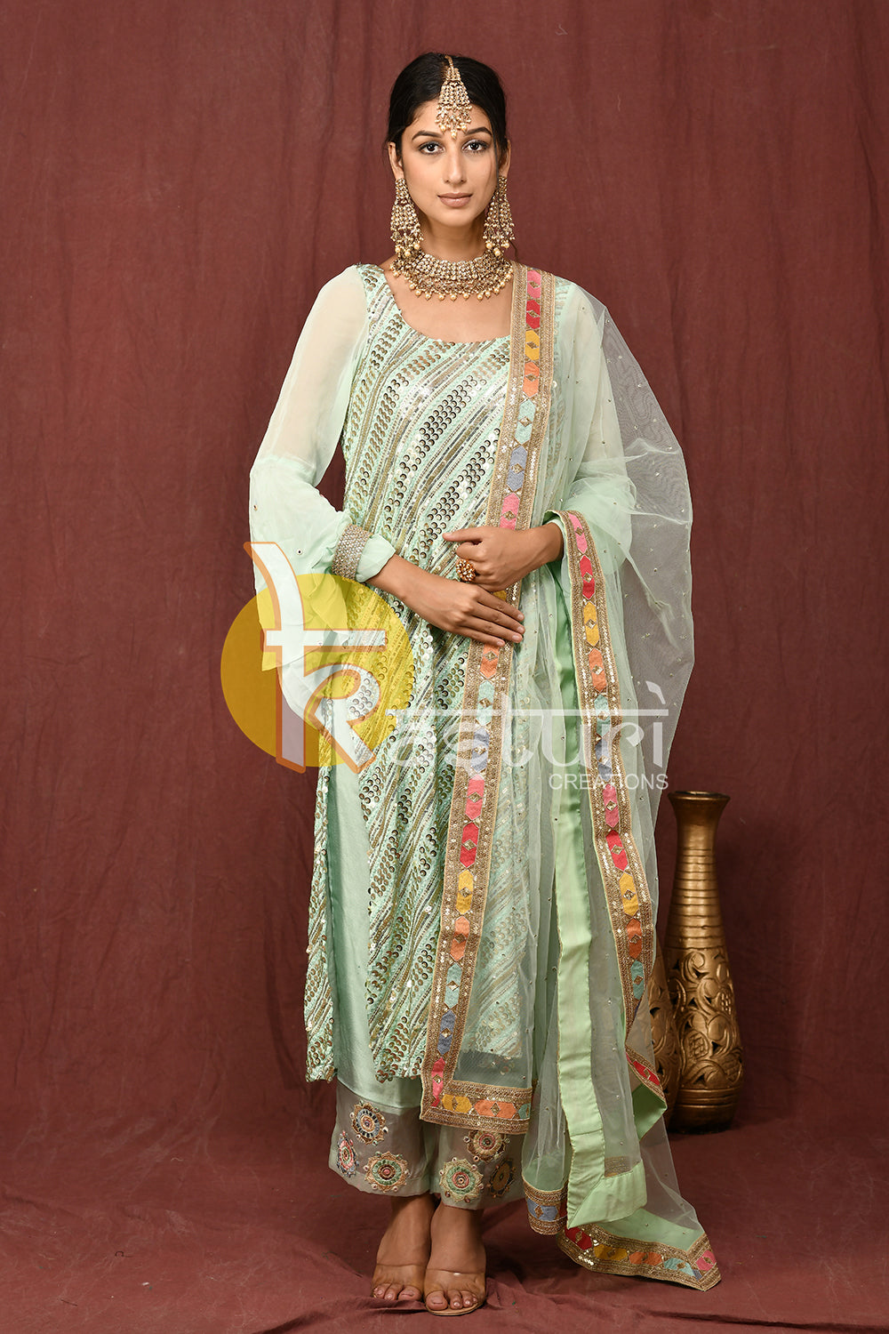 Light sea green sequence embroidered kurti and pant set