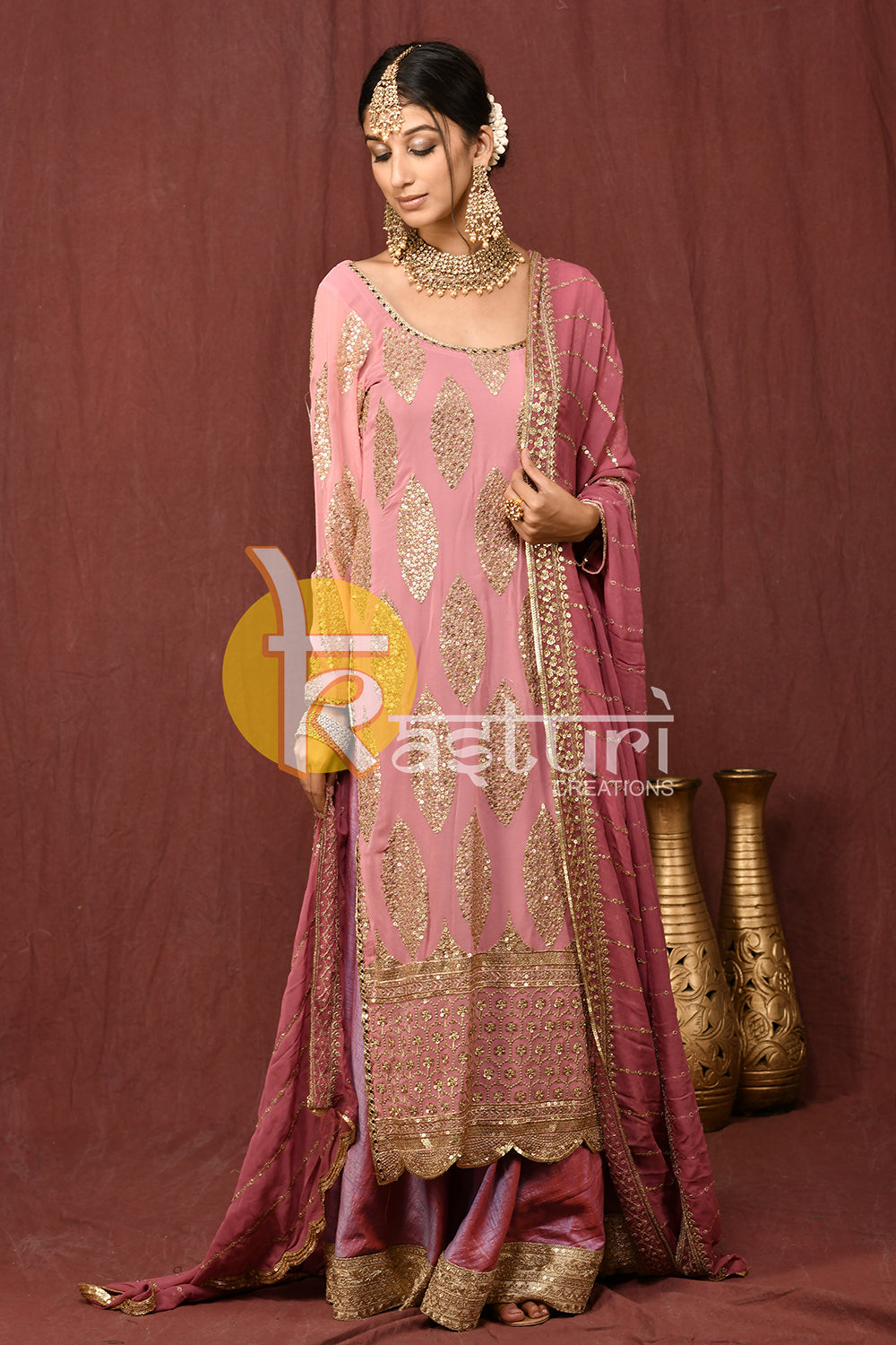 Pink mauve embroidered kurti and palazzo set