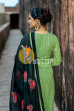Green embroidered georgette long kurta churidar dupatta set