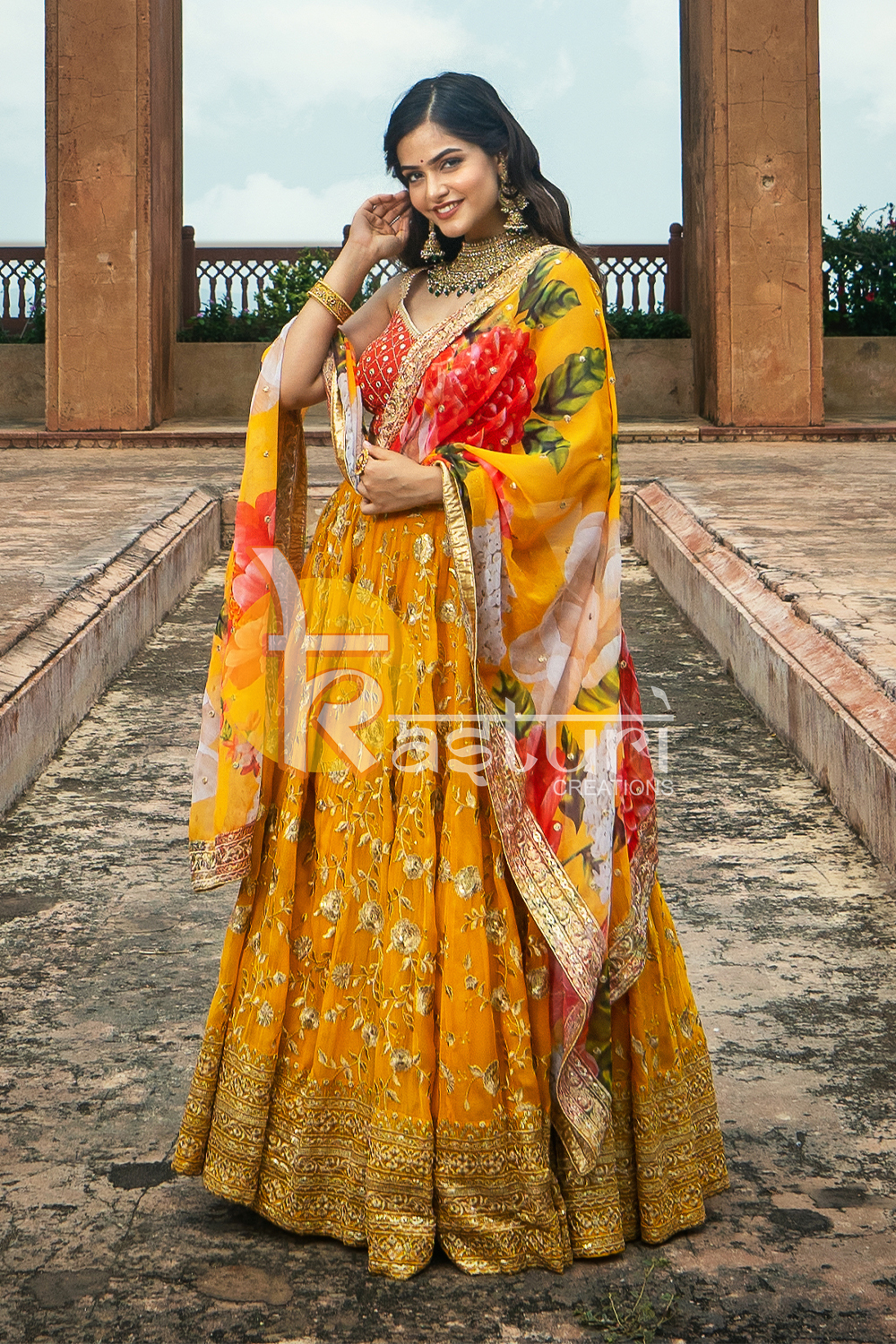 Yellow and red embroidered georgette lehenga choli set