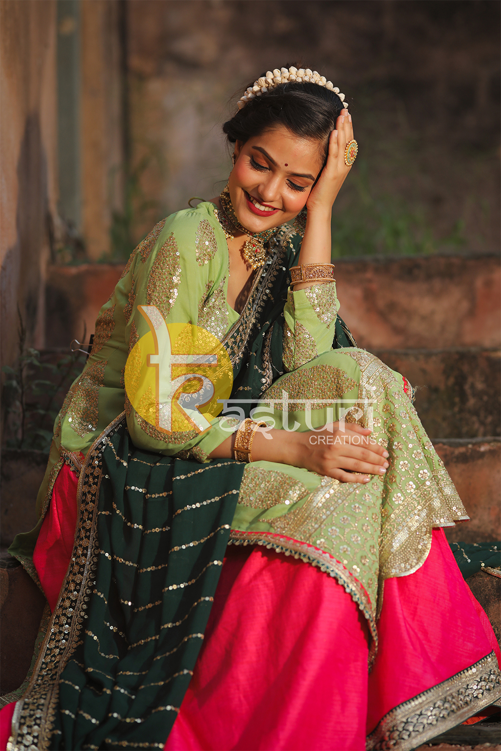 Green and pink embroidered georgette kurta with lehenga skirt set