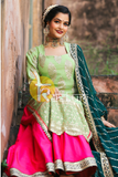 Green and pink embroidered georgette kurta with lehenga skirt set